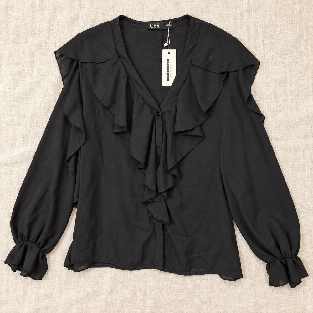 CBR Chic Boutique Rose Blouse XL Black Ruffle Front Long Sleeve